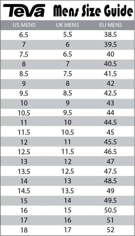 teva sandals size chart